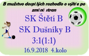 Po jasné výhře v Račiněvsi čekal štětskou rezervu mnohem těžší zápas. Štětí šlo sice do vedení 1:0, ale Dušníky ještě v 1. poločase vyrovnali a až teprve po změně stran si Štětí došlo pro výhru.