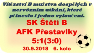 V neděli odpoledne patřilo fotbalové hřiště ve Štětí B mužstvu dospělých. Sedmdesátka diváků viděla letošní šesté vítězství našeho týmu.