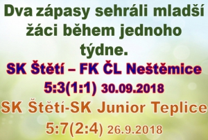 Padesátiprocentní úspěšnost měli mladší žáci minulý týden. Nejprve doma prohráli s Juniorkou Teplic,ale o 4 dny později si to vynahradili a v zápase doma s Neštěmicemi si připsali na účet 3 body. 