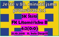 Okresní derby, ve kterém se skóre ve 2. poločase přelévalo z jedné strany na druhou. Nejdříve radost, pak smutek a nakonec jsme se radovali.