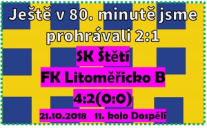 Okresní derby, ve kterém se skóre ve 2. poločase přelévalo z jedné strany na druhou. Nejdříve radost, pak smutek a nakonec jsme se radovali.
