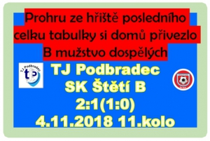 Velké zklamání a nečekané trápení B mužstva dospělých v Podbradci. Místo očekávané výhry přišla prohra, která zkomplikovala udržení se na čele tabulky před koncem podzimu.    