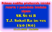 Úplně poslední zápas na fotbalovém stadionu ve Štětí v roce 2018 byl tou nejlepší pozvánkou na příští rok. 13 branek nasázelo B mužstvo dospělých a dalo zapomenout na nepovedené utkání v Podbradci..  