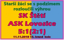 Starší žáci v úvodu neproměnili několik slibných příležitostí a když branku vstřelili, tak soupeř rychle vyrovnal. Ve 2. poločase jsme ale vstřelili 3 branky a Lovosice žádnou.