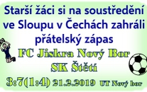 Zápas bohatý na branky sehráli starší žáci na umělé trávě v Novém Boru, kam si odskočili ze Sloupu v Čechách, kde byli na soustředění