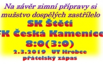 První březnová sobota byla dnem posledního přípravného zápasu dospělých . Střelecky se nám dařilo a mužstvo už se těší na první mistrovský zápas za týden v Lovosicích.. 