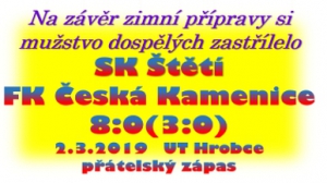 První březnová sobota byla dnem posledního přípravného zápasu dospělých . Střelecky se nám dařilo a mužstvo už se těší na první mistrovský zápas za týden v Lovosicích.. 