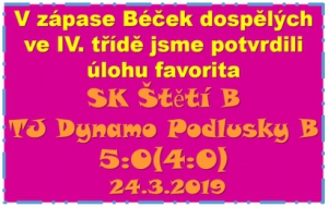 Vedoucí celek IV. třídy skupiny B Štětí B vstoupil do jarní části jasným vítězstvím, Škoda jen vyloučení Kolomana Horvátha