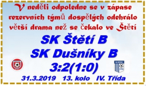 Když Dušníky B v závěru vyrovnaly, tak se zdálo, naše mužstvo přijde o první body na vlastním trávníku. Nakonec jsme ale domů odcházeli spokojeni po brance Rudolfa Slaničky