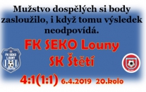 Kdo zápas mužstva dospělých na hřišti vedoucího celku tabulky neviděl, tak bude těžko věřit, že jsme si zasloužili bodovat. Zahozené šance, nepřesné výroky rozhodčího v náš neprospěch a chyby v závěru utkání, to všechno mohlo vidět 250 diváků v Lounech. 