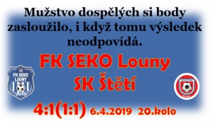 Kdo zápas mužstva dospělých na hřišti vedoucího celku tabulky neviděl, tak bude těžko věřit, že jsme si zasloužili bodovat. Zahozené šance, nepřesné výroky rozhodčího v náš neprospěch a chyby v závěru utkání, to všechno mohlo vidět 250 diváků v Lounech. 