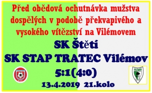 Kdo si malinko přispal a dorazil na fotbalový stadion ve Štětí o něco později, tak neviděl skvělý úvod mužstva dospělých,které o jasné výhře rozhodlo už v 1. poločase