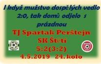Zápas mužstva dospělých na hřišti zachraňujícího se Perštejna lze shrnout do jedné věty. Skvělý úvod s rychlým vedením, spousta zahozených šancí v 1. poločase a školácké chyby hráčů Štětí, které nakonec rozhodly o osudu zápasu.
