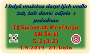 Zápas mužstva dospělých na hřišti zachraňujícího se Perštejna lze shrnout do jedné věty. Skvělý úvod s rychlým vedením, spousta zahozených šancí v 1. poločase a školácké chyby hráčů Štětí, které nakonec rozhodly o osudu zápasu.