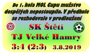 Týden před začátkem divizní soutěže odehrálo mužstvo dospělých dramatické utkání v předkole MOL Cupu. Museli jsme dotahovat dvoubrankové manko. Povedlo se a o postupujícím se rozhodovalo v prodloužení.