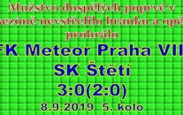 Domácí vstřelil 2 branky v 1. poločase v rozmezí 5 minut. Ve 2. poločase už mužstvo dospělých odpovědět nedokázalo a naopak 10 minut před koncem potvrdili domácí výhru třetím gólem 