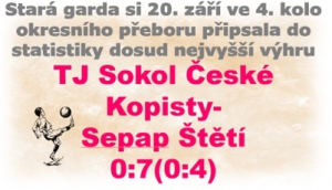 Stará garda v minulém kole okresního přeboru jasně přehrála domácí České Kopisty a jejich výkony jsou tou nejlepší pozvánkou na další domácí zápas proti Lovosicím 27.9.2019 v 17:00