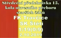 Po rekordní výhře v Travčicích jsou starší žáci na 1. místě okresního přeboru s 24 body. Na 2. místě je Hoštka se stejným počtem bodů, ale horším skóre.