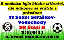 V přátelské atmosféře ve Straškově jsme šli brzo do vedení, ale nakonec to z naší strany byla jediná radost. B mužstvo zůstává na předposledním místě tabulky III. Třídy 