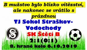 V přátelské atmosféře ve Straškově jsme šli brzo do vedení, ale nakonec to z naší strany byla jediná radost. B mužstvo zůstává na předposledním místě tabulky III. Třídy 