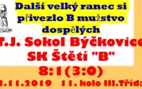 Jen v deseti nastupovalo B mužstvo dospělých k předposlednímu podzimnímu utkání. V průběhu zápasu odešli další 2 zranění a závěrečný hvizd rozhodčího byl pro nás vysvobozením.  