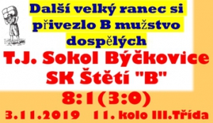 Jen v deseti nastupovalo B mužstvo dospělých k předposlednímu podzimnímu utkání. V průběhu zápasu odešli další 2 zranění a závěrečný hvizd rozhodčího byl pro nás vysvobozením.  