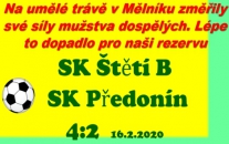 Příprava B mužstva dospělých je v plném tempu. Zajímavé utkání plné emocí se odehrálo v Mělníku. Další zápas ho čeká v sobotu od 18:00 v Roudnici n.L. proti Podluskům.