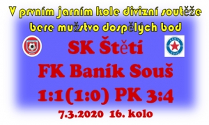 V úvodním jarním kole proti 2. celku tabulky jsme v poločase vedli 1:0. Po změně stran se ale hostům podařilo srovnat a protože už žádné jiné góly nepadly, tak se kopaly penalty.   