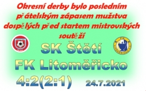 Soupeř z Litoměřic 2x vyrovnal a mužstvo dospělých rozhodlo v přátelském zápase o svém vítězství až v závěru.