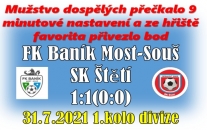 Smutnit nebo se radovat ze zisku bodu ze hřiště favorita?  Asi obojí. Domácí vyrovnali až 2 minuty před koncem, kdy jsme si vstřelili vlastní gól.  Fotbal se moc pohledný nehrál, ale dramatických okamžiků a to hlavně ve 2. půli bylo hodně. 