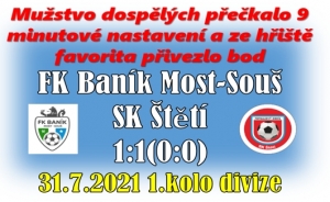 Smutnit nebo se radovat ze zisku bodu ze hřiště favorita?  Asi obojí. Domácí vyrovnali až 2 minuty před koncem, kdy jsme si vstřelili vlastní gól.  Fotbal se moc pohledný nehrál, ale dramatických okamžiků a to hlavně ve 2. půli bylo hodně. 