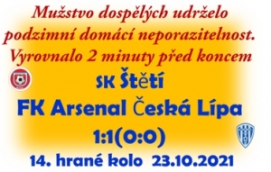 V sedmém domácím utkání podzimní části  mužstvo dospělých   vyrovnalo až  v úplném závěru.