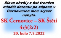 Stejným výsledkem  jako na podzim doma jsme prohráli v Černčicích. 4:3. Mladší dorostenci se pokusí odčinit prohru v neděli 15. května proti FC Dubí.