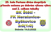 Cenná výhra mužstva dospělých nad celkem Neratovic-Byškovic. Skóre otevřel nejmladší hráč v naší základní sestavě v závěru 1. poločasu. Po změně stran se přidali i ti zkušení.  