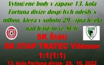 Utkání 2 mužstev ze spodku tabulky měl přinést více klidu před blížící se zimou. Museli jsme dotahovat jednobrankový náskok soupeře, ale více už se nám toho nepovedlo, i když jsme nato měli celý 2. poločas.