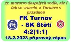 Předposlední přátelák mužstva dospělých. Hráli jsme v Turnově, také proti účastníku divizní soutěže. Domácí vstřelili 3 branky v rozmezí 62. až 74. minuty.