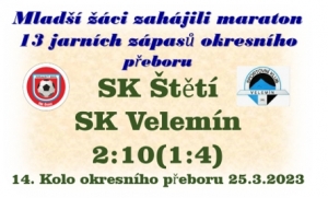 Hned na úvod jara změřili mladší žáci síly s těžkým protivníkem. Do Štětí přijel Velemín, který přezimoval na 2. místě tabulky okresního přeboru.