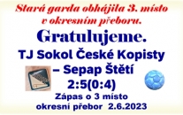 Stará garda se raduje. Skončila na 3. místě okresního přeboru. I když se v závěru základní části tolik nedařilo, tak v nadstavbové části  Sepap zabral a dokráčel zaslouženě pro 3. místo