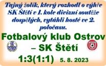 3 body z prvního zápasu nové sezóny. Na hřišti nováčka jsme šli do vedení, ten ale do poločasu srovnal z penalty. Vítězství jsme si ale vzít nenechali a po změně stran zápas opět otočili na naší stranu.