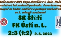 První zápas na hřišti ve Štětí po letní přestávce. Krásná reklama na fotbal. Výborné utkání proti favorizovanému soupeři. 2 minuty před koncem jsme vyrovnali, ale na postup to stejně nestačilo.