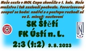 První zápas na hřišti ve Štětí po letní přestávce. Krásná reklama na fotbal. Výborné utkání proti favorizovanému soupeři. 2 minuty před koncem jsme vyrovnali, ale na postup to stejně nestačilo.