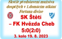 Třetí výhra mužstva dospělých v řadě. Po 3 kolech už jsou v soutěži jen 2 mužstva s plným bodovým ziskem. K výhře 5:0 pomohl i vlastenec.