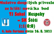 Mužstvo dospělých ztratilo letos první body. Šli jsme sice do vedení 1:0, ale domácí 15 minut před koncem vyrovnali na 1:1. Děkujeme mladým štětským fanouškům za vytrvalé povzbuzování.