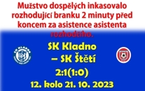 Mužstvo dospělých přijalo na Kladně úlohu bránícího celku a málem to slavilo úspěch. Zbývaly už jen 2 minuty. Pak však zasáhl asistent rozhodčího a bylo po bodu. Domů jsme se vraceli smutní a nebylo to jenom naší vinou.  